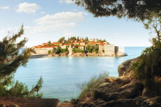 Panoramic view of nice European old town sveti stefan