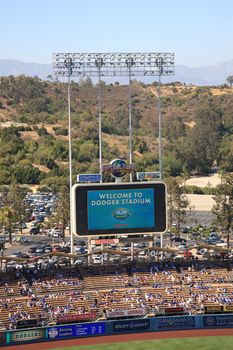 Scoreboard at a Dodgers baseball game at Dodger Stadium.