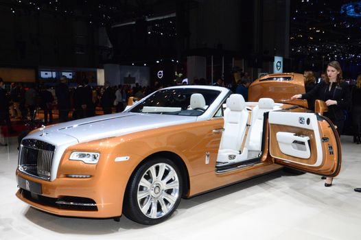 SWITZERLAND, Geneva: A new Rolls Royce is seen at the Geneva International Motor Show on March 1, 2016. The event will open its doors to the public on March 3 for ten days.