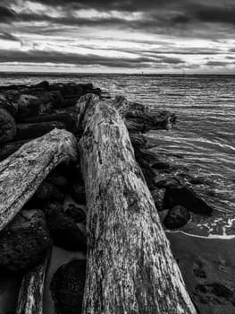 beach sunset at Kauai, Hawaii in black and white