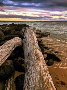 beautiful beach sunset with cloudy sky at Kauai, Hawaii