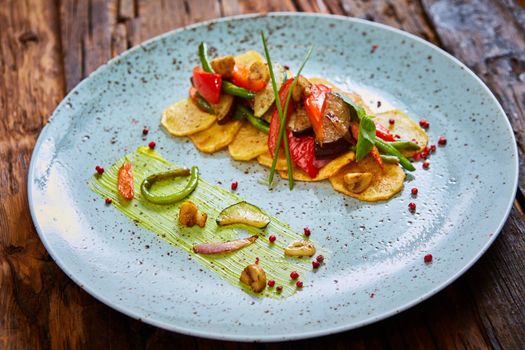 Potato Chips with sweet pepper, aubergine and asparagus. Healthy  food, vegan or diet nutrition concept.