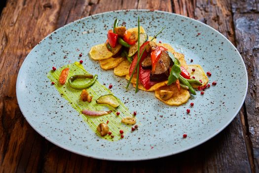 Potato Chips with sweet pepper, aubergine and asparagus. Healthy  food, vegan or diet nutrition concept.