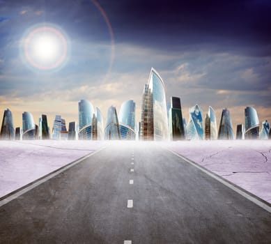 Highway road with modern city and blue sky, business concept