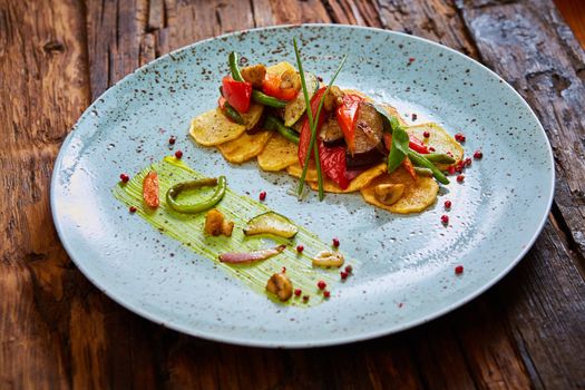 Potato Chips with sweet pepper, aubergine and asparagus. Healthy  food, vegan or diet nutrition concept.