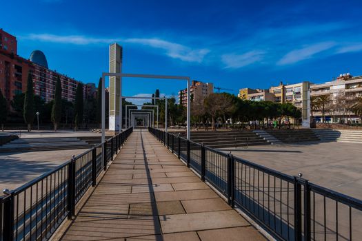 BARCELONA, SPAIN, february 2016-pedestrian bridge in Parc del Clot on sunny day