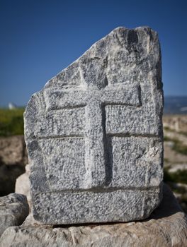 Carving of cross into stone at Laodicea in Turkey