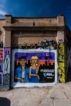 BARCELONA, SPAIN, february 2016- Graffiti wall in Poblenou district of Barcelona