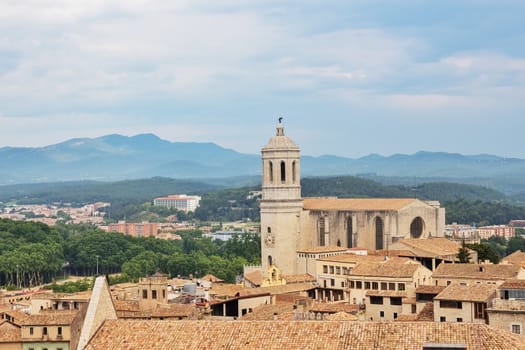 View over the old center of Girona, with mountains in the background. Catalonia, Spain.