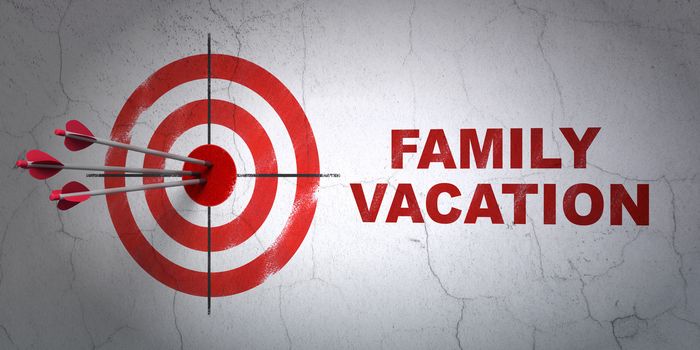 Success vacation concept: arrows hitting the center of target, Red Family Vacation on wall background