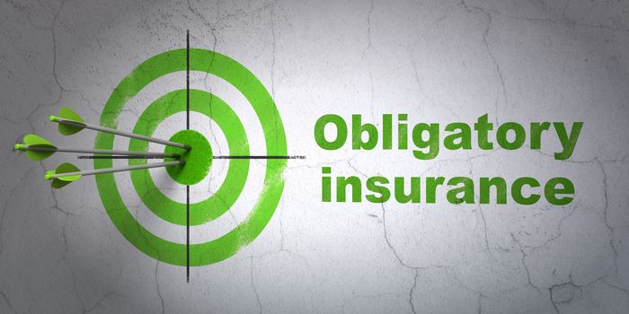 Success Insurance concept: arrows hitting the center of target, Green Obligatory Insurance on wall background