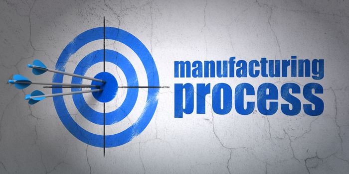 Success Manufacuring concept: arrows hitting the center of target, Blue Manufacturing Process on wall background