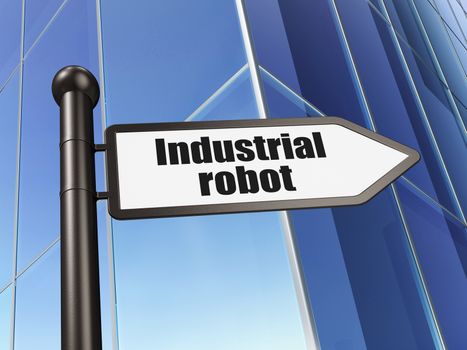 Manufacuring concept: sign Industrial Robot on Building background, 3d render