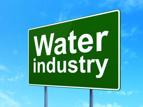 Manufacuring concept: Water Industry on green road highway sign, clear blue sky background, 3d render