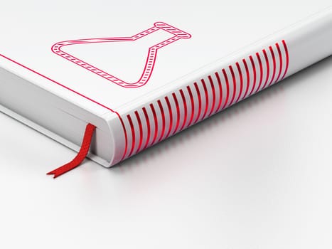 Science concept: closed book with Red Flask icon on floor, white background, 3d render