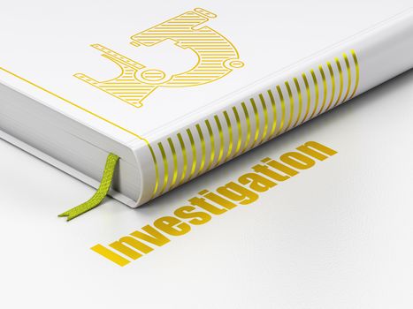 Science concept: closed book with Gold Microscope icon and text Investigation on floor, white background, 3d render