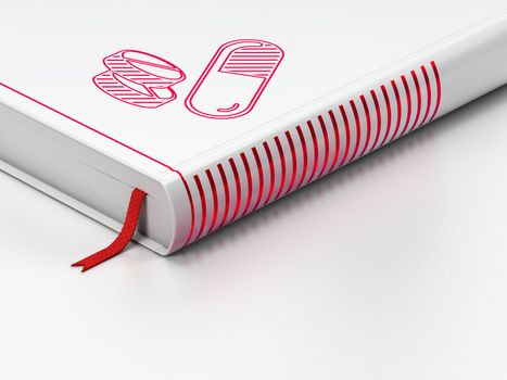 Healthcare concept: closed book with Red Pills icon on floor, white background, 3d render