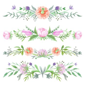 Romantic elegant borders with wild herbs and meadow flowers for card, invitation, wedding design on white background