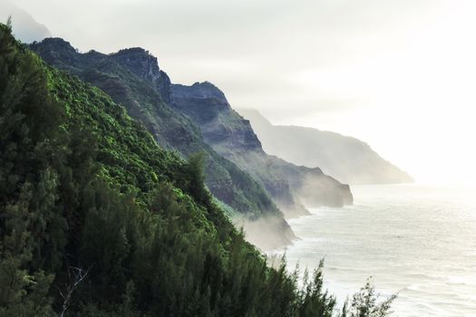 Kalalau trail at Kauai, Hawaii in foggy day