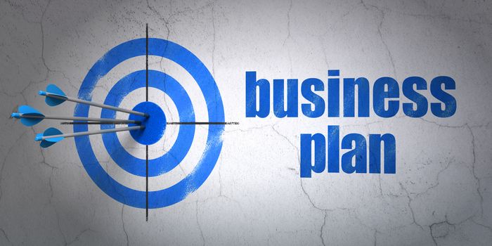 Success business concept: arrows hitting the center of target, Blue Business Plan on wall background