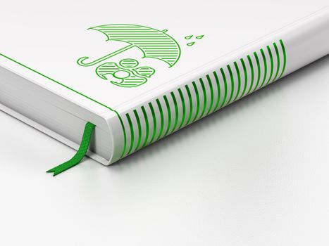 Protection concept: closed book with Green Family And Umbrella icon on floor, white background, 3d render