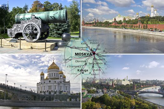 Collage with sightseeings of Moscow, Russia