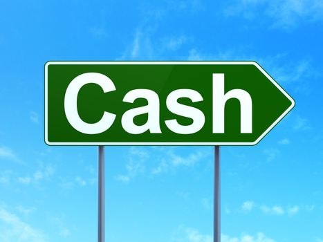 Banking concept: Cash on green road highway sign, clear blue sky background, 3d render