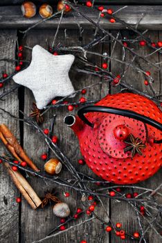 Red metal kettle,branches with berries on wooden background
