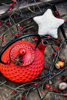 Red metal kettle,branches with berries on wooden background