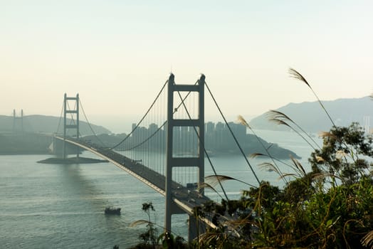 Hong Kong Bridge,It is beautiful Tsing Ma Bridge at sunset in Hong Kong