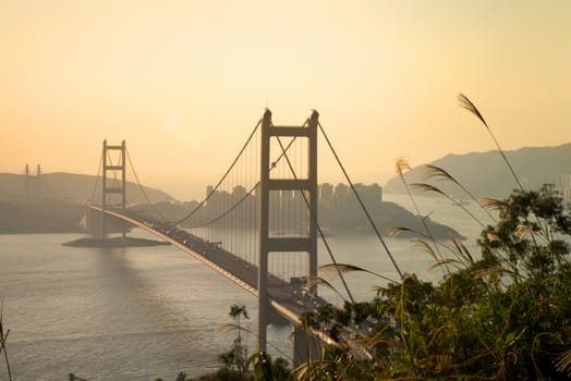 Hong Kong Bridge,It is beautiful Tsing Ma Bridge at sunset in Hong Kong