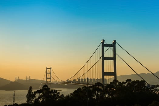 Hong Kong Bridge,It is beautiful Tsing Ma Bridge at sunset in Hong Kong