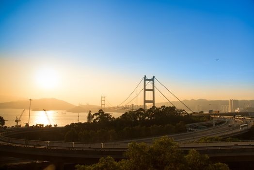 Hong Kong Bridge,It is beautiful Tsing Ma Bridge at sunset in Hong Kong