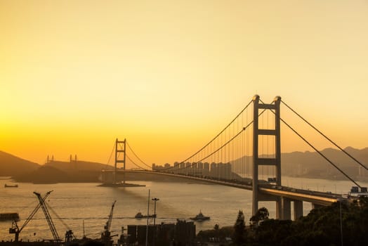 Hong Kong Bridge,It is beautiful Tsing Ma Bridge at sunset in Hong Kong