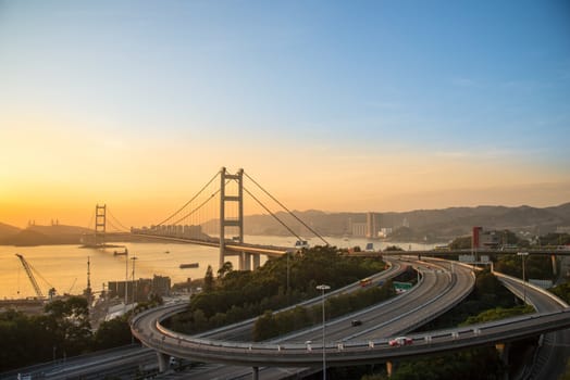 Hong Kong Bridge,It is beautiful Tsing Ma Bridge at sunset in Hong Kong