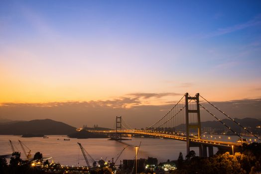 Hong Kong Bridge,It is beautiful Tsing Ma Bridge at sunset in Hong Kong