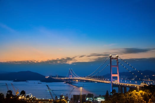 Hong Kong Bridge,It is beautiful Tsing Ma Bridge at sunset in Hong Kong