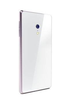 Back view of white smartphone with rose gold colored frame 