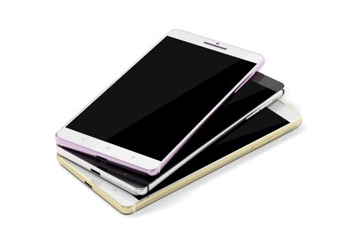 Group of smartphones with different colors on shiny white background