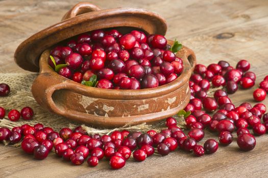 Cranberries in a pot on wooden background.