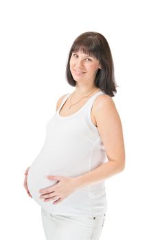 Young pregnant woman over white background