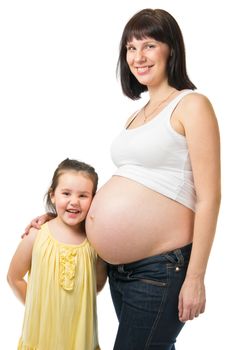 Happy pregnant mother and little daughter isolated on white