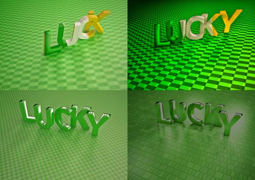 Set of pictures dimensional inscriptions of LUCKY on green background.
