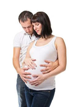 Young man and pregnant woman isolated on white