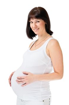 Pregnant young woman over white background