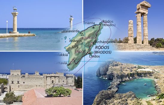 Collage of Rhodes island and city sightseeings
