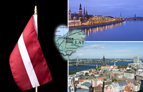 Riga views and Latvian national flag in collage
