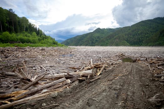 Driftwood near dam of hydro power plant with access road