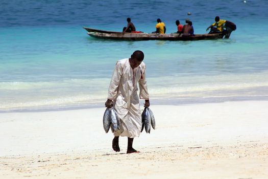 Zanzibar, Tanzania - January 7, 2016: Traditional fish market on the beach in Nungwi. Zanzibar