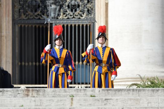 VATICAN: Swiss guards are see during Pope Francis' general audience in St. Peter's Square at the Vatican on March 2, 2016. 